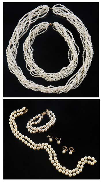 Six Pieces of Pearl Jewelry, consisting of a strand of 7mm white pearls with a 14K yellow gold (1 of 3)