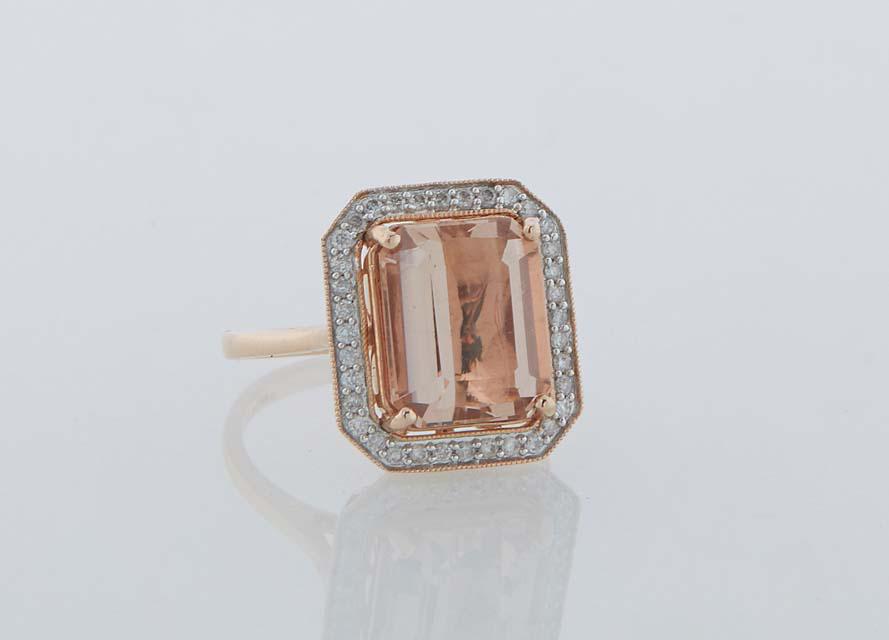 Lady's 14K Rose Gold Dinner Ring, with a 6.21 carat emerald cut morganite atop an octagonal border (1 of 1)