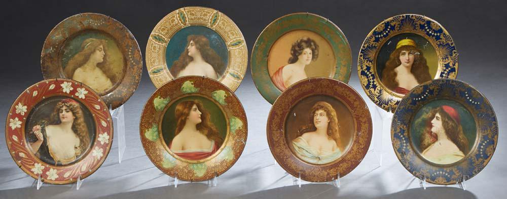 Group of Eight Different Tin Vienna Art Portrait Plates, c. 1905, each depicting a beautiful maiden, (1 of 2)