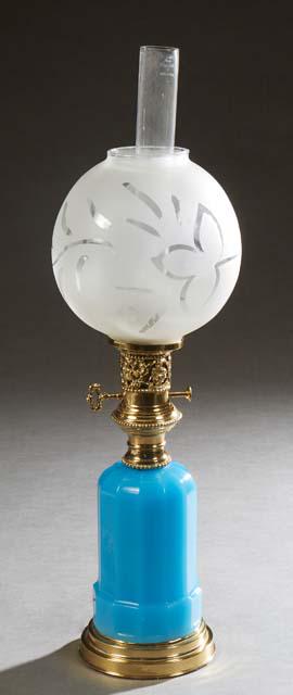 French Brass Mounted Blue Opaline Glass Oil Lamp, late 19th c., the brass top over a baluster (1 of 2)