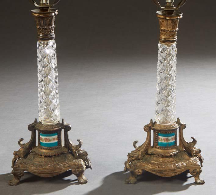 Pair of French Crystal and Porcelain Candlestick Lamps, 20th c., with tapered relief crystal (1 of 3)