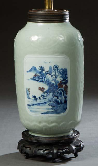 Chinese Celadon Porcelain Baluster Vase, early 20th c., with relief decoration and two scenic blue (1 of 20)