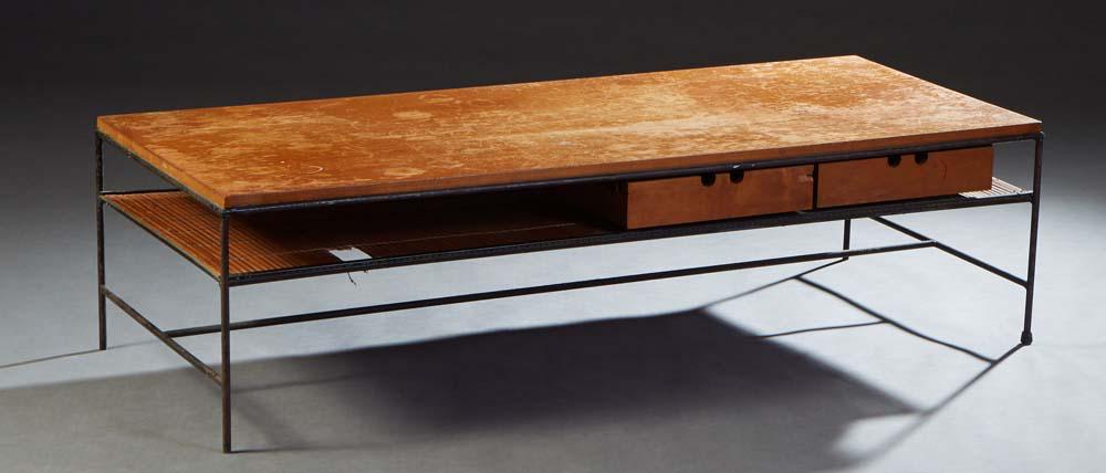 Paul McCobb Planner Group Iron and Birch Coffee Table, model #1584, the birch top over two pull out: Paul McCobb Planner Group Iron and Birch Coffee Table, model #1584, the birch top over two pull out drawers and a split bamboo shelf, on tubular iron supports, H.- 16 in., W.- 60 in., D.- 24 in. Prove
