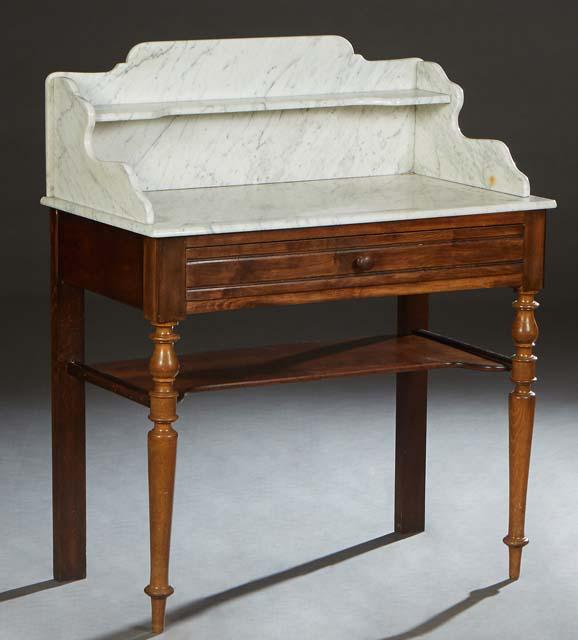 French Provincial Carved Beech Marble Top Washstand, the shelved galleried figured dished white (1 of 1)
