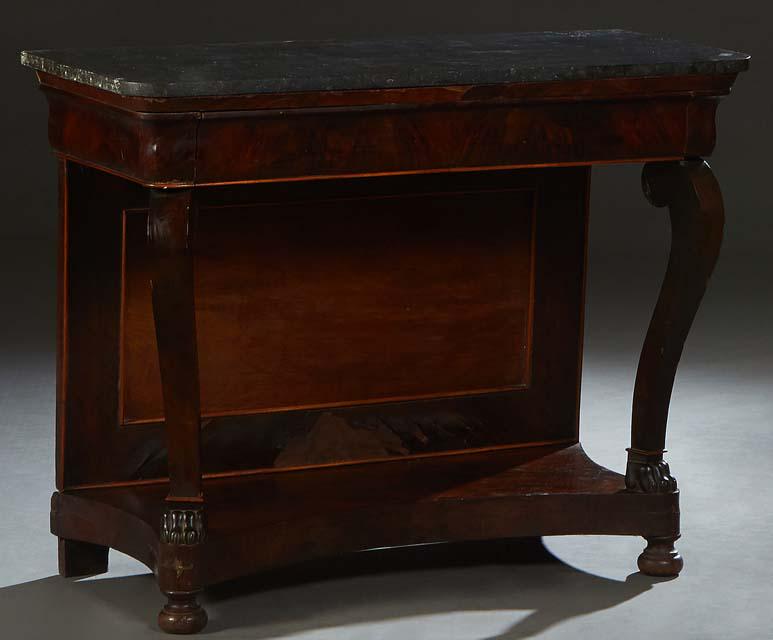 French Empire Style Carved Walnut Marble Top Pier Table, c. 1840, the rounded corner figured black (1 of 1)