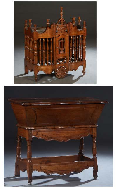 Exceptional French Provincial Carved Walnut Panetiere, 19th c., Provence, the finialed top over a (1 of 3)
