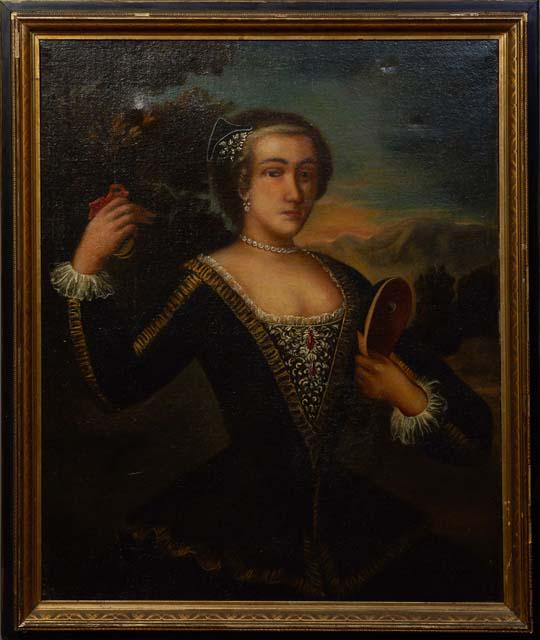 Continental School, "Portrait of a Lady with Mask and Castanuelas," 19th c., oil on burlap,: Continental School, "Portrait of a Lady with Mask and Castanuelas," 19th c., oil on burlap, unsigned, presented in a gilt frame, H.- 34 3/4 in., W.- 28 1/2 in., Framed H.- 39 7/8 in., W.- 33 1/2 in. P