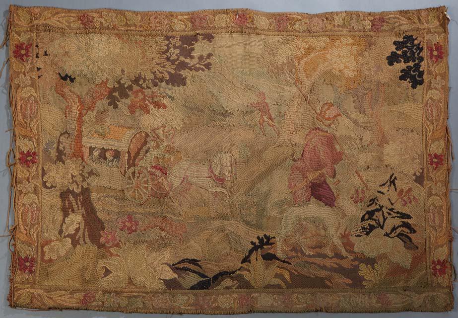 French Chenille Tapestry, early 20th c., depicting a landscape with a coach and passengers, H.- 45 (1 of 11)