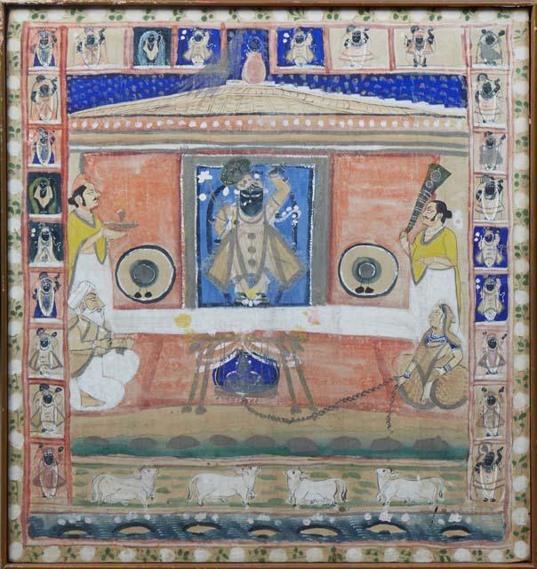 Indian Batik Pichwai, depecting Krishna in temple with worshippers, bordered by cows and gods,: Indian Batik Pichwai, depecting Krishna in temple with worshippers, bordered by cows and gods, tempera painting on cloth, mounted to canvas, presented in a wood frame, H.- 30 1/4 in., W.- 28 in., Fram