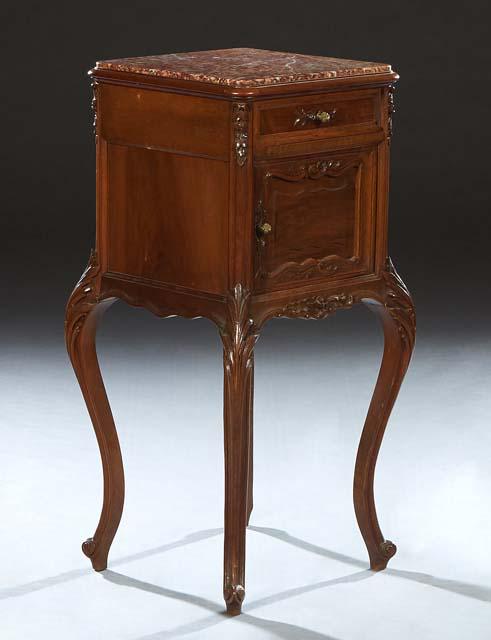 French Louis XV Style Carved Walnut Marble Top Nightstand, early 20th c., with an inset highly (1 of 9)