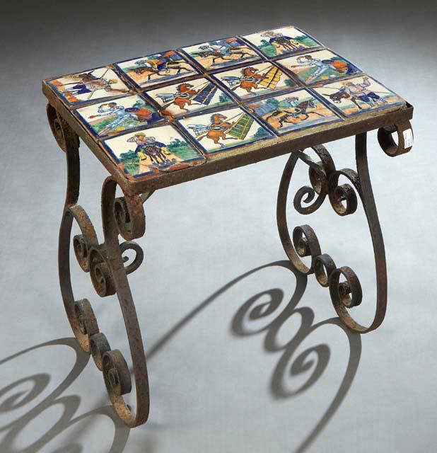 Spanish Wrought Iron Tile Top Garden Table, 20th c., with 12 square tiles depicting scenes from Don (1 of 1)