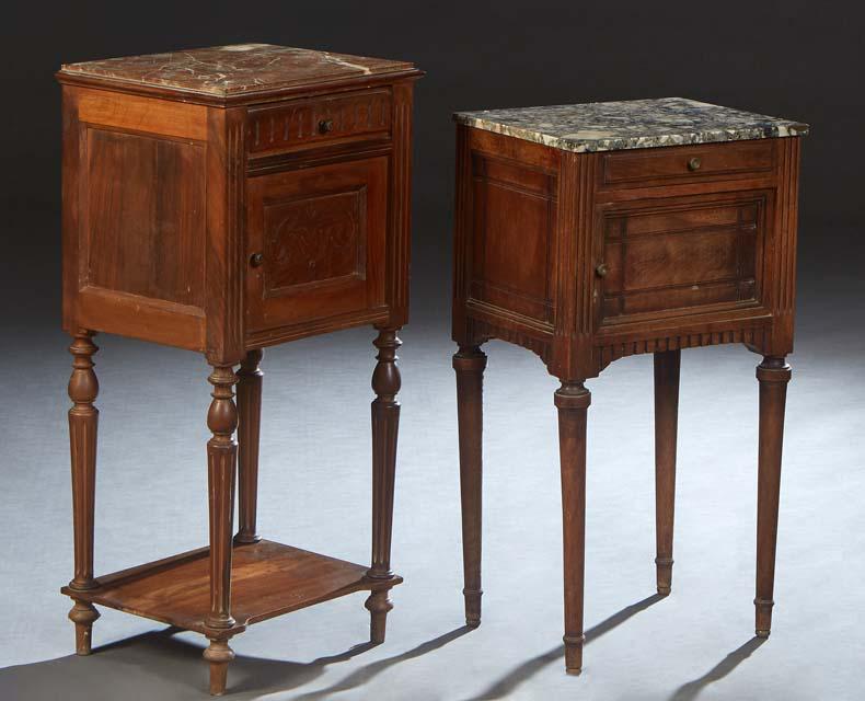 Two French Henri II Style Carved Walnut Marble Top Nightstands, late 19th c., one with an inset (1 of 1)