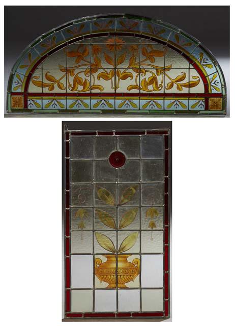 Two Hand Painted Leaded Stained Glass Windows, late 19th c., one an arched transom with leaf (1 of 8)