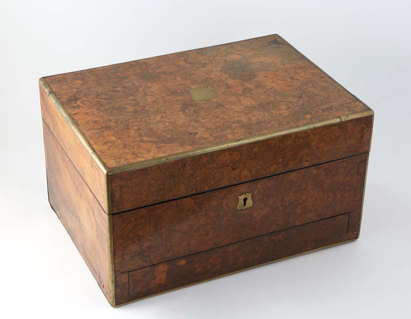 English Burled Walnut Brass Mounted Necessaire, 19th c., the interior fitted with silver plated cut (1 of 3)