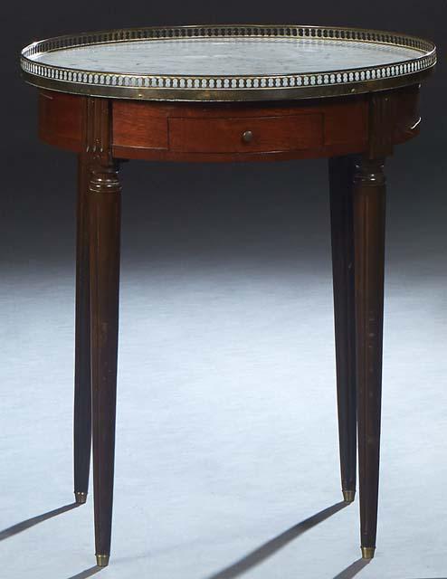 French Carved Walnut Marble Top Bouillotte Table, 20th c., with a figured white marble within a pier (1 of 4)