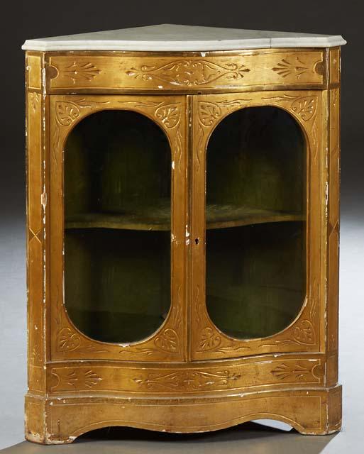 French Gilt Incised Marble Top Corner Cabinet, 19th c., the ogee edge white marble over double oval (1 of 7)