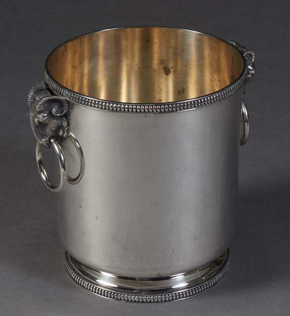 Silver Plate Champagne Bucket with Ram's Head Ring Handles, 20th c., possibly Christofle, with a (1 of 3)