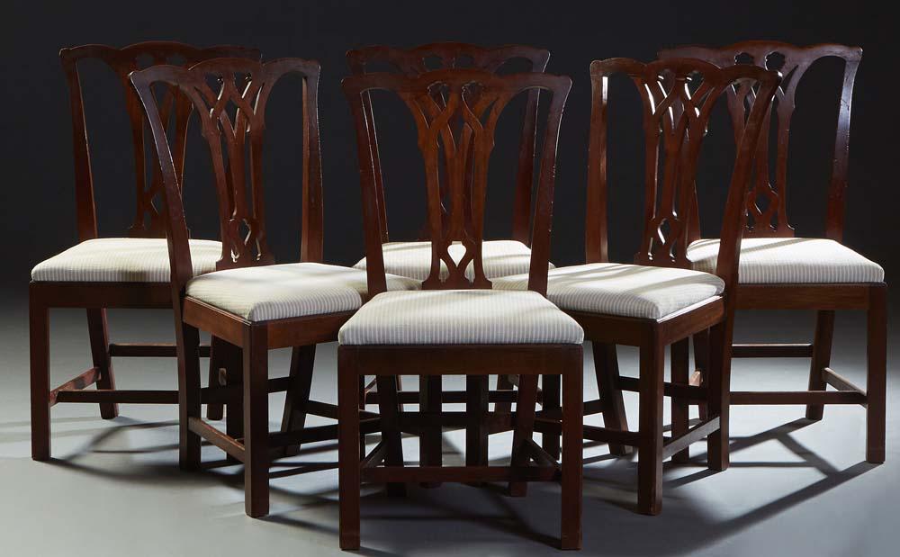 Set of Six Chippendale Style Carved Mahogany Side Chairs, 20th c., the serpentine crest rail over a (1 of 1)