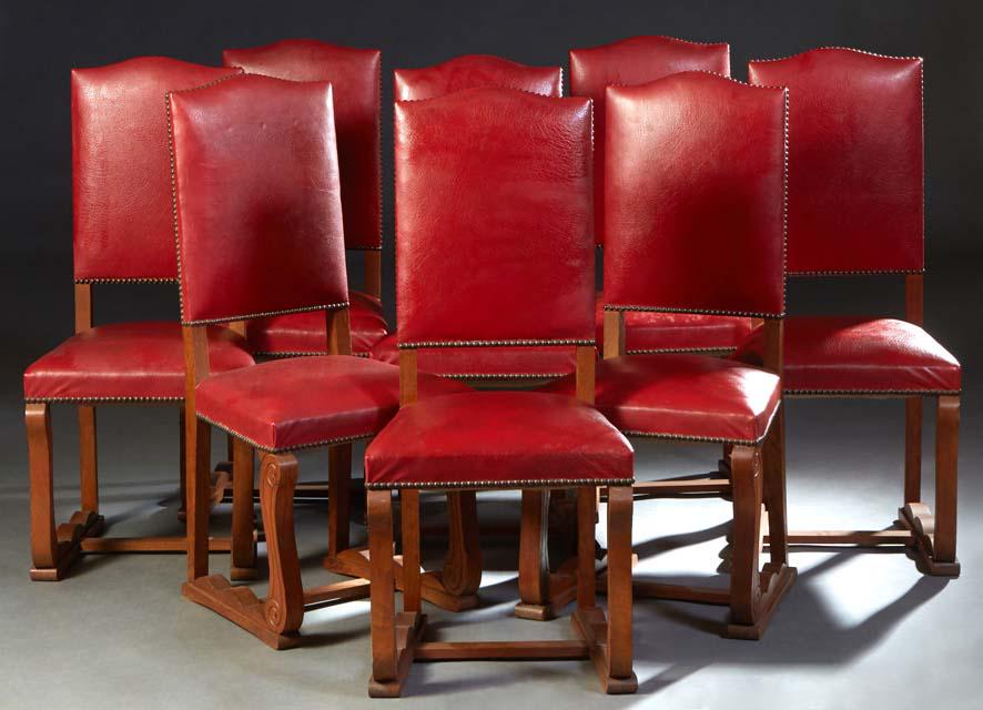 Set of Eight Spanish Renaissance Style Dining Chairs, 20th c., the canted arched high back over a (1 of 1)