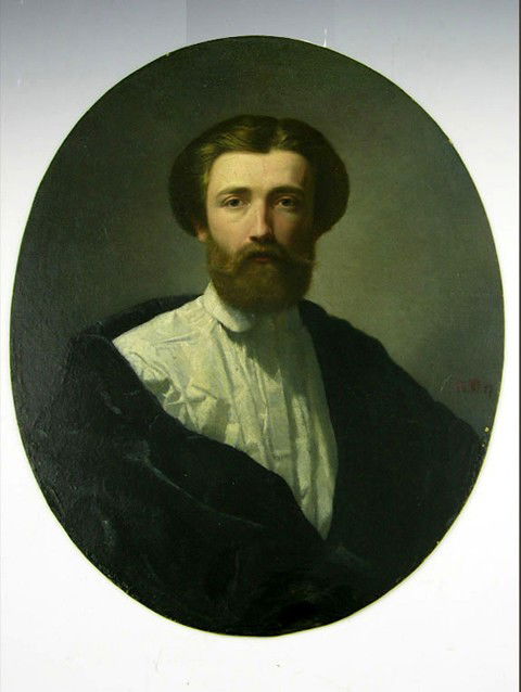 German School, "Portrait of a Hirsute Young Man," 1: German School, "Portrait of a Hirsute Young Man," 1857, oil on oval copper panel, signed in monogram "MM" and dated "1857" l.r., unframed, H.- 12 1/4 in., W.- 9 1/4 in.