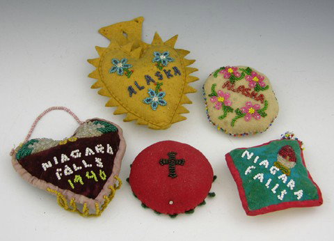 Group of Five Beaded Pin Cushions, early 20th c., : Group of Five Beaded Pin Cushions, early 20th c., 2- Alaska, 2- Niagara Falls, one with cross decoration.(5 Pcs.)