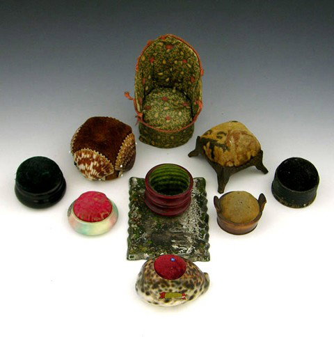 Group of Ten Pin Cushions, early 20th c.- 2 seashe: Group of Ten Pin Cushions, early 20th c.- 2 seashells, a pylon, bucket, stool, armchair, etc. (10 Pcs.)