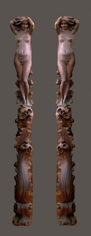 Pair of Art Nouveau Carved Mahogany Architectural: Pair of Art Nouveau Carved Mahogany Architectural Elements, c. 1900, in the form of female nudes standing on waves, H.- 50 in., W.- 5 in., D.- 4 1/2 in.