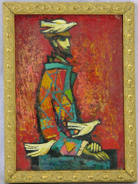 Continental School, "Man with Doves," mid 20th c.,: Continental School, "Man with Doves," mid 20th c., oil on panel, verso with a certification label for the Guild of Master Artists, #75, framed, H.- 6 3/4 in., W.- 4 3/4 in.