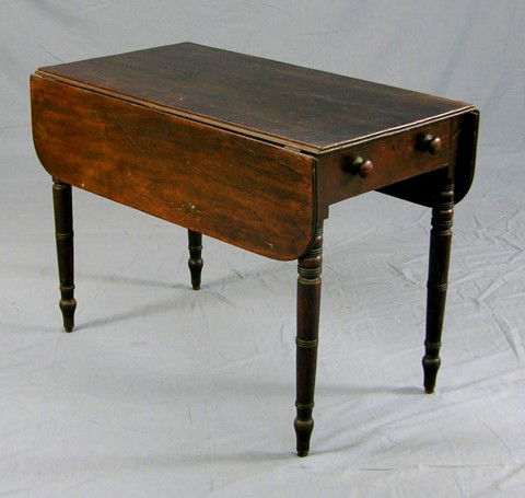 English Carved Mahogany Pembroke table, mid 19th c: English Carved Mahogany Pembroke table, mid 19th c., one end with a drawer, the other a faux drawer, the whole on turned tapered legs, H.- 26 3/8 in., W.- Closed- 20 1/2 in., Open- 39 in., D.- 35 3/4