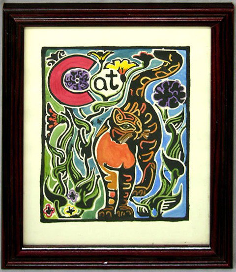 Walter Anderson (1903-1965), "Cat," late 20th c., : Walter Anderson (1903-1965), "Cat," late 20th c., hand colored block print from his alphabet series, representing "C," framed, H.- 11 in., W.- 8 1/2 in.