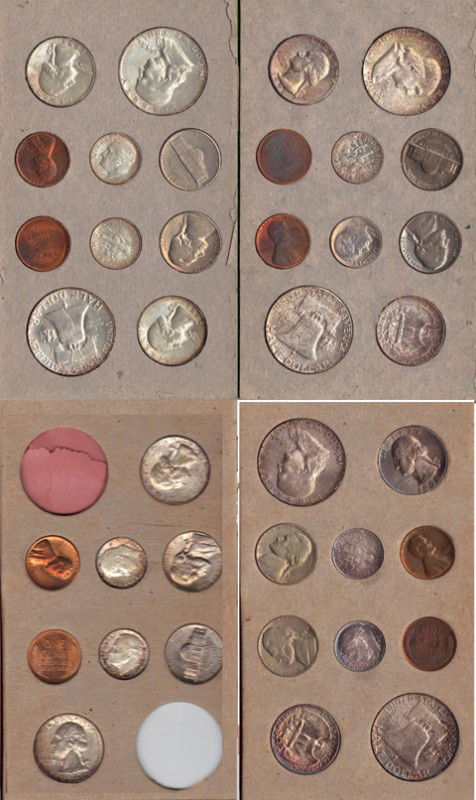 Two U. S. 1958 Uncirculated Double Mint Sets, toge: Two U. S. 1958 Uncirculated Double Mint Sets, together with two 1956 double mint sets, one missing both half dollars, in original envelopes, toned.