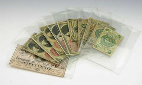 Eleven Pieces of Fractional Currency- Two 3 cents,: Eleven Pieces of Fractional Currency- Two 3 cents, 1863; Two 10 cents, 1863; Five cents, 1863; Two 25 cents, 1874; 50 cents Confederate, 1863; and Three 10 cents, 1863. (10 Pcs.)