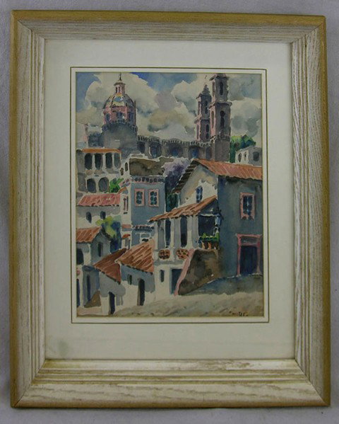 Continental School, "Village Scenes," 20th c., pai: Continental School, "Village Scenes," 20th c., pair of watercolors, signed indistinctly l.r., framed, H.- 12 in., W.- 9 3/8 in.