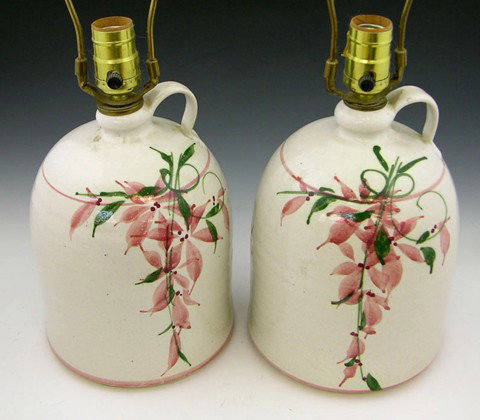 Pair of Glazed Earthenware Jug Lamps, 20th c., wit