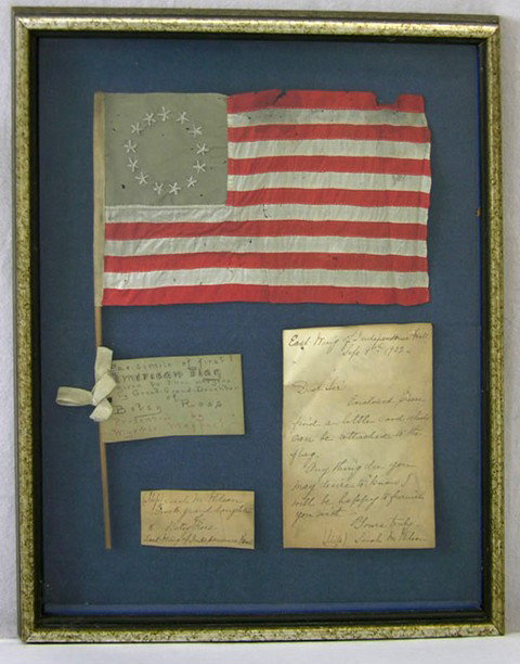 Facsimile of the First American Flag, 1902, with a: Facsimile of the First American Flag, 1902, with a note of presentation by Betsy Ross' great granddaughter, presented in a shadowbox frame, H.- 15 3/8 in., W.- 12 1/4 in. Note: Her granddaughter and g