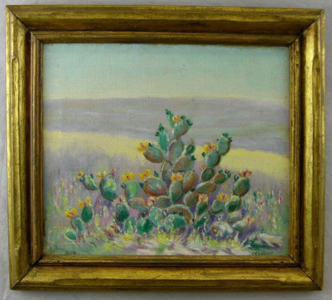 Dwight Clark Shepler (1905-1975), "Desert Cactus,": Dwight Clark Shepler (1905-1975), "Desert Cactus," early 20th c., oil on canvas, signed l.r., framed, H.- 11 3/4 in., W.- 13 7/8 in. Note: Massachusetts artist, Dwight Clark Shepler earned a national 