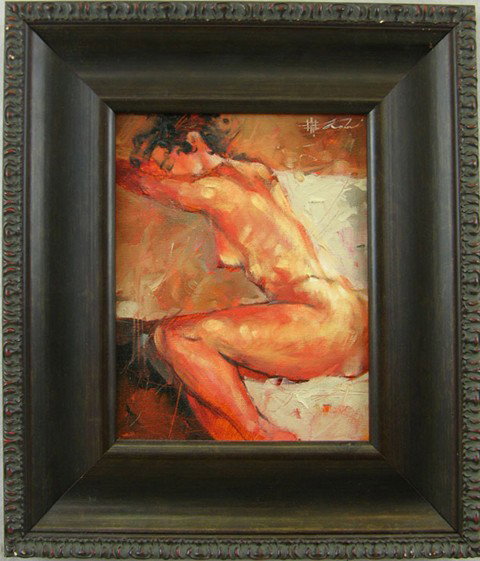 Andre Kohn , "Nude Study," 2003, oil on board, sig: Andre Kohn , "Nude Study," 2003, oil on board, signed u. r., dated verso, with a wax seal "A," framed, H.- 10 in., W.- 8 in.