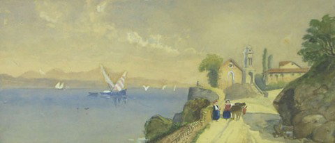 Continental School, "Mediterranean Port Scene," 1: Continental School, "Mediterranean Port Scene," 19th c., watercolor, framed, H.- 8 1/4 in., W.- 18 1/8 in.