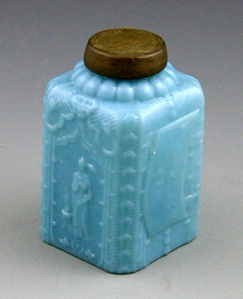Russian Mold Blown Blue Opaline Glass Tea Caddy, c.: Russian Mold Blown Blue Opaline Glass Tea Caddy, c. 1890, the sides with relief decoration of ladies with parasols, H.- 4 7/8 in., W.- 3 in., D.- 3 in.