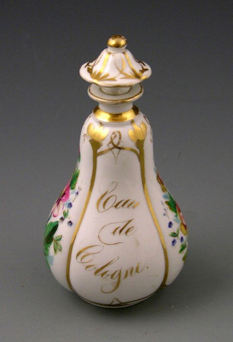 Old Paris Porcelain Mallet Form Perfume Bottle, mid: Old Paris Porcelain Mallet Form Perfume Bottle, mid 19th c., with gilt and floral decoration, one side with gilt lettering "Eau de Cologne," H.- 6 3/8 in., Dia.- 3 1/4 in.