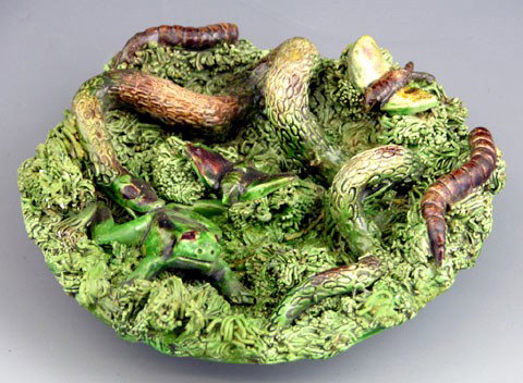 Diminutive Palissy Plate, early 20th c., with a sna: Diminutive Palissy Plate, early 20th c., with a snake, a frog and insect decoration, the underside marked "Jose A. Cunha, Caldas Rainha, Portugal," H.- 1 3/4 in., Dia.- 5 3/4 in.