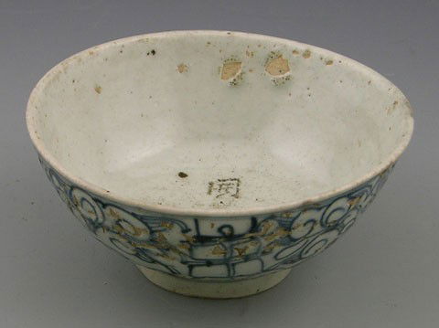 Oriental Glazed Earthenware Bowl, 19th c. or earlie: Oriental Glazed Earthenware Bowl, 19th c. or earlier, with blue line under glaze decoration, H.- 2 3/4 in., Dia.- 6 1/4 in.