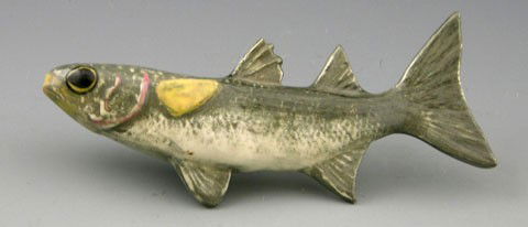 Singing River Pottery Glazed Earthenware Figure of: Singing River Pottery Glazed Earthenware Figure of a Catfish, 20th c., signed, H.- 2 3/4 in., W.- 7 1/4 in., D.- 1 1/8 in.