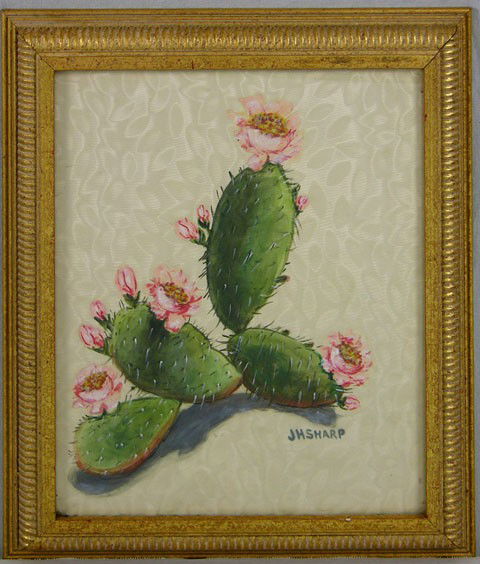Joseph Henry Sharp (1859-1953) Taos School, "Flowe: Joseph Henry Sharp (1859-1953) Taos School, "Flowering Desert Cactus, 20th c., watercolor on silk, signed l.r., framed, H.- 11 1/2 in., W.- 9 1/2 in.