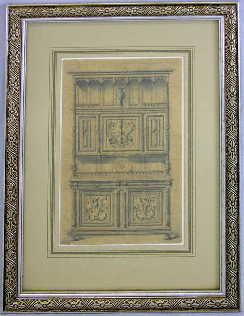 Continental School, "The Court Cupboard," 19th c.,: Continental School, "The Court Cupboard," 19th c., graphite on paper, framed, H.- 12 in., W.- 7 3/8 in.