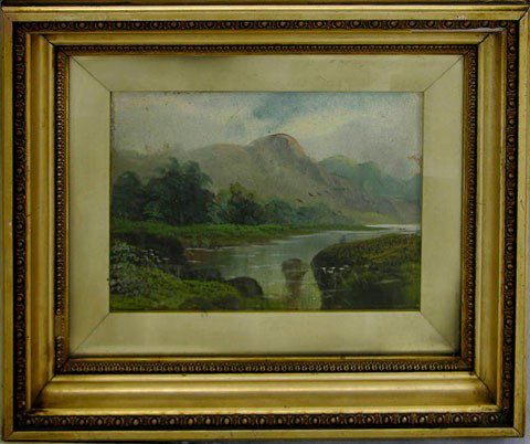 Continental School, "Fishing on the Lake," 19th c.: Continental School, "Fishing on the Lake," 19th c., oil on board, presented in a gilt shadowbox frame, H.- 7 1/8 in., W.- 10 1/4 in.