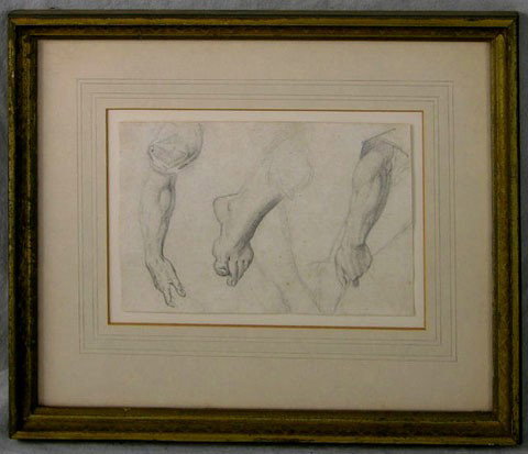 Old Master School, "Studies of Hands and Foot," 19: Old Master School, "Studies of Hands and Foot," 19th c., graphite on paper, framed, H.- 4 3/4 in., W.- 7 3/8 in.