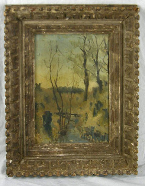 Continental School, "The Bare Trees," early 20th c: Continental School, "The Bare Trees," early 20th c., oil on board, presented in a carved wooden frame, H.- 10 1/2 in., W.- 7 in.