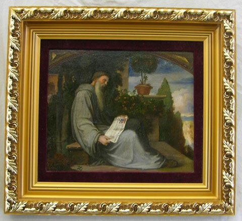 Continental School, "The Monk and His Music," earl: Continental School, "The Monk and His Music," early 19th c., oil on board, framed, H.- 8 3/4 in., W.- 10 1/2 in.