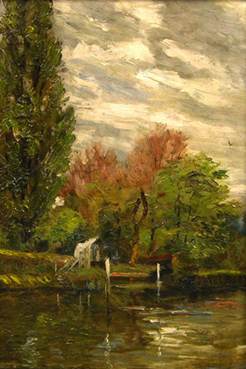 Dutch School, "River Landscape," early 20th c., oi: Dutch School, "River Landscape," early 20th c., oil on panel, framed, H.- 13 3/8 in., W.- 9 3/8 in.